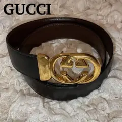 GUCCI グッチ インターロッキング ゴールド　レザーベルト 黒　レディースのサムネイル