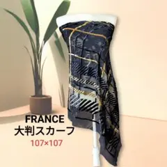 FRANCE 大判スカーフ ネイビー・ゴールド 107×107　ベルベット　ラメ