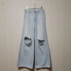 【美品】SOMETHING ヴィンテージダメージ加工 ワイドフレアデニムパンツ
