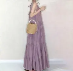 パープル　紫　ノースリーブ　ワンピース　フリル　リボン　妊婦　夏　重ね着　可愛い