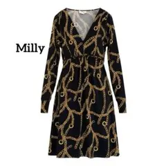 Milly ミリー 総柄チェーンワンピース ドレス ひざ丈 長袖 P黒 金のサムネイル