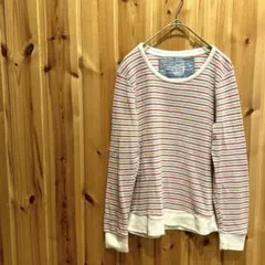 カットソー　長袖　ワッフル生地　ボーダー柄　カラフル　ホワイト地　レッド　ブルー