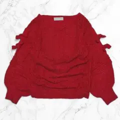 オードリーアンドジョンワッド リボン パフスリーブ ニット 長袖トップス レッドのサムネイル