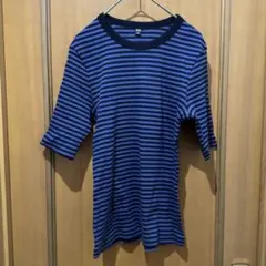 ユニクロ　リブボーダークルーネックT（5分袖）　ネイビー　Lサイズ