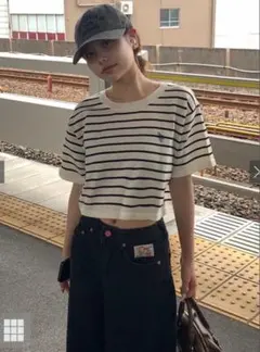 GRL／グレイル／ボーダー柄ロゴ刺繍ショート丈ニットトップス［an1373］