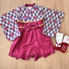 【着用2回・美品】袴ロンパース 靴下セット 80cm いちご 矢羽根 初節句