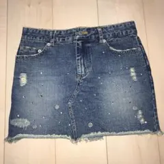 ♪美品♪ リメイク風 デニム ミニ スカート ダメージ ラインストーン M