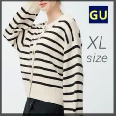 GU ミドルゲージクルーネックカーディガン ボーダー ／XL ナチュラル