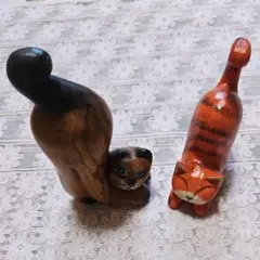 木彫り 猫の置物 2個セット アジアン雑貨 インテリア オブジェ