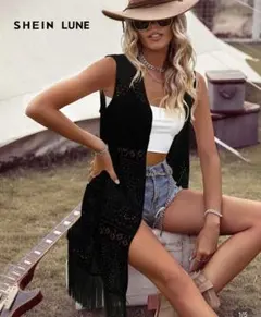 【美品】SHEIN LUNE 黒 フリンジレースベスト ジレ