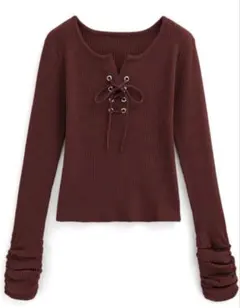 GRL レースアップギャザースリーブリブニットトップス