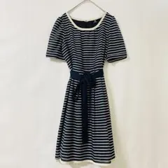 LParkI ワンピース 9号 M ネイビー ボーダー 半袖 日本製 膝上〜膝丈