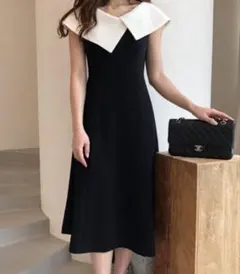 上品 ビッグカラー バイカラー ワンピース ブラック 清楚 お呼ばれ