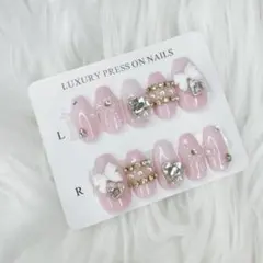 ♡ 量産型 フレンチガーリー　ピンク 白グラ　リボン ネイルチップ 現品 ♡