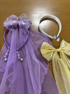 紫のリボンとチュールのヘアアクセサリー3点セット