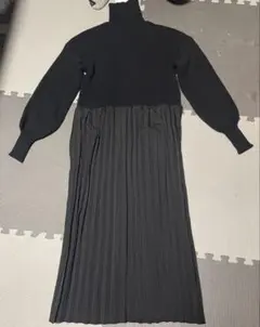 ブラック ニットワンピース 長袖 プリーツ