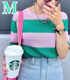 しまむら ボーダーリブニットPO トップス 半袖 ピンクグリーン M