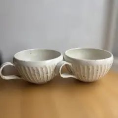 美濃焼き　陶器製　粉引削ぎ目　ペアスープカップ　2個セットのサムネイル
