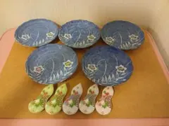 花柄小皿5枚 箸置き5個セット 藍色 陶器