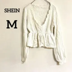 SHEIN 【M】 ホワイト Vネックニット フリル コットン ニット 厚手
