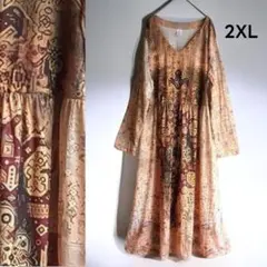 2XL エスニック ワンピース ロング丈 総柄 派手 Vネック 体型カバー 薄手