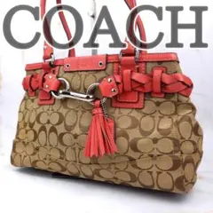 COACH シグネチャー トートバッグ キャンバス レザー 肩掛け可 レッド