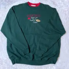 レトロ スウェット トレーナー 深緑 刺繍 古着 クッキー