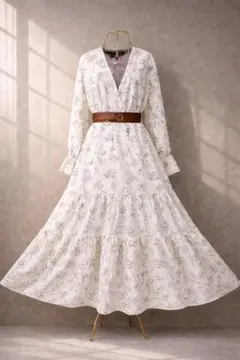 「アイボリー花柄ティアードロングマキシ丈ワンピ M 新品未使用 ベルト付 春」