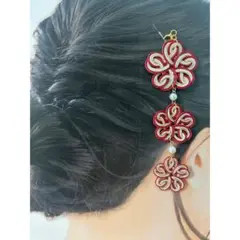 桜結びのかんざし　和装　髪飾り　水引アクセサリー　赤（ラメ）×ゴールド