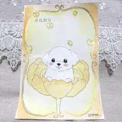 原画　水彩画　犬　花　蝶々　ポストカード　手描きイラスト　アナログイラスト