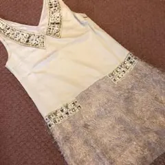 完売品 chesty ビジュー装飾付き異素材切替ノースリーブワンピース フリンジ