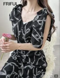 FRIFUL 黒 ノースリーブ リボン柄　肩リボン　ワンピース　ブラック