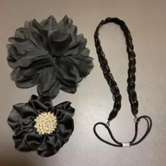 【新品・匿名】花 ビーズ　コサージュ　クリップ　カチューシャ　3点