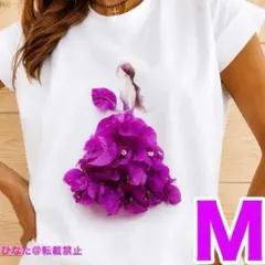 夏セール！フラガール×パープルフラワーTシャツ・M☆フラダンス ハワイアン☆紫花のサムネイル