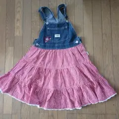 OSHKOSH ジャンバースカート上デニムスカート 赤白ギンガムチェック130