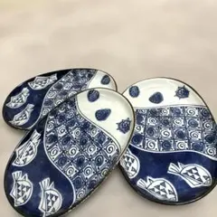 魚、貝模様、幾何学模様の楕円形皿３枚