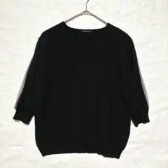 ★MUMU&Co. しまむら 袖ドットチュール ニットトップス Vネック M 黒