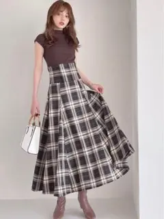 【美品】GRL ブラウン チェック柄バックレースアップロングワンピース　L