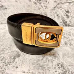 香奈兒 雙C標誌 腰帶 黑色 金色 皮革 古董 義大利製
