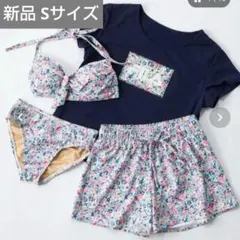 2025 新品 フィラ ロゴＴシャツ付き水着４点セット 花柄 紺 フラワーのサムネイル