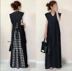 3L ロングワンピース チェック マキシ丈 ノースリーブ 半袖　夏 k8