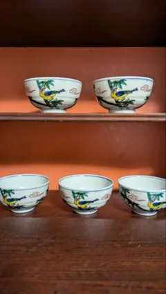 九谷焼湯呑色絵５客揃茶道具仙茶道具湯飲み花鳥松泉湯飲み５客セットプレー昭和レトロ