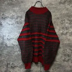 古着　90s ヴィンテージ 3D総柄ニットセーター　格子ボーダー柄　昭和レトロ