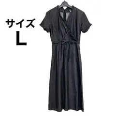 デニムワンピース Vネック ロング丈 半袖 Lサイズ　ミモレ丈　ブラック
