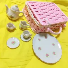 【新品】ドールハウスミニチュアティーセットハンドメイドバスケット(pink)C