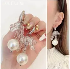 893クリアつぶつぶビーズ 2way ビッグパール シルバーフープピアス