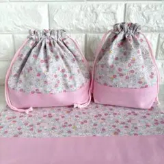 25×35ランチョンマット&お弁当袋&コップ袋 ピンク　イチゴ　フラワー