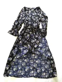 ジーユー GU 花柄 ロングシャツワンピース ウエストリボン 長袖 Aライン
