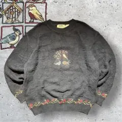 90s コットンニット カナダ製 刺繍 鳥 バード アニマル レトロ ブラック