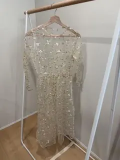 花柄刺繍 ベージュ ミディ丈ドレス レース ワンピース